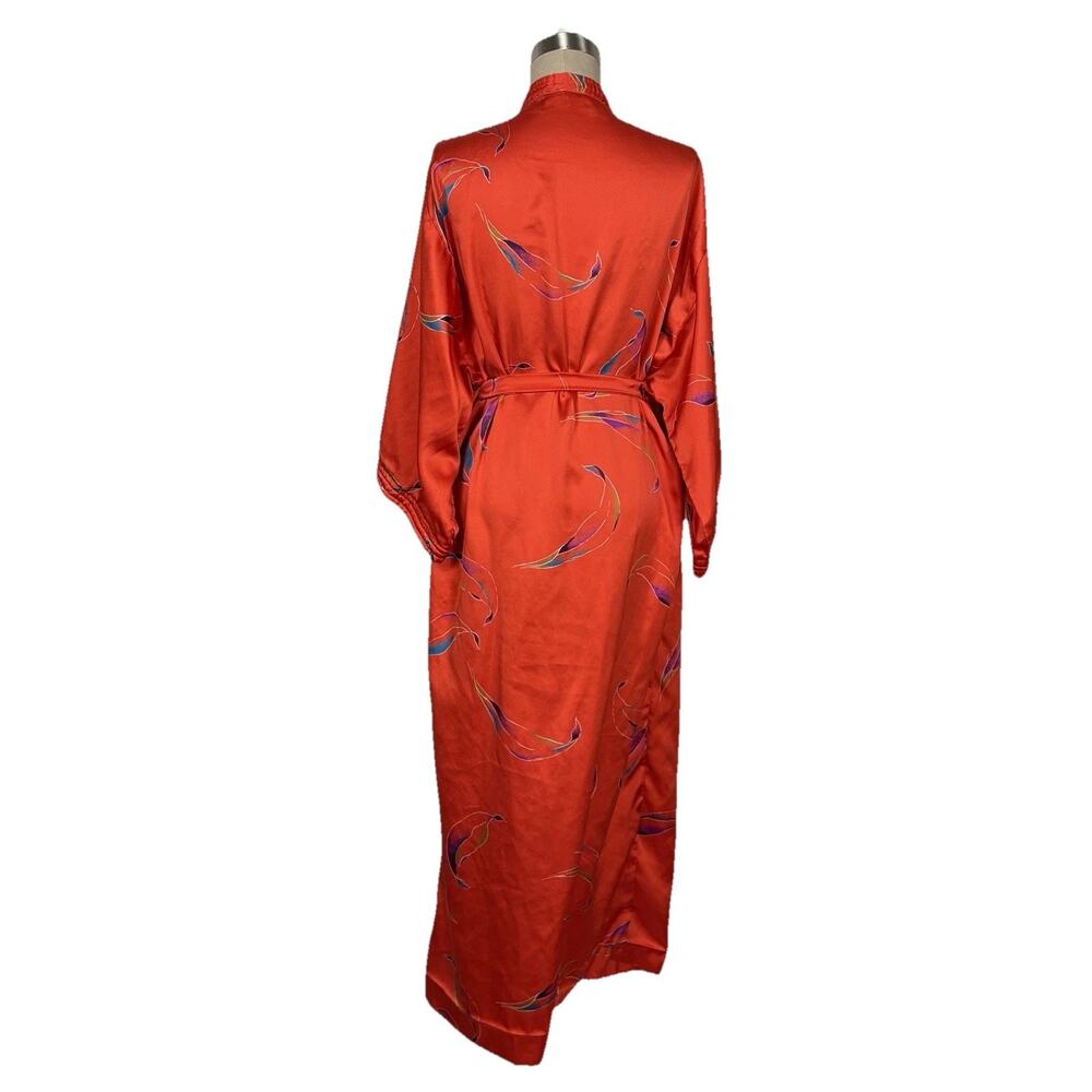 Vintage California Dynasty Style Kimono Robe Belt Red Botanical Satin Size Large - Picture 6 of 14